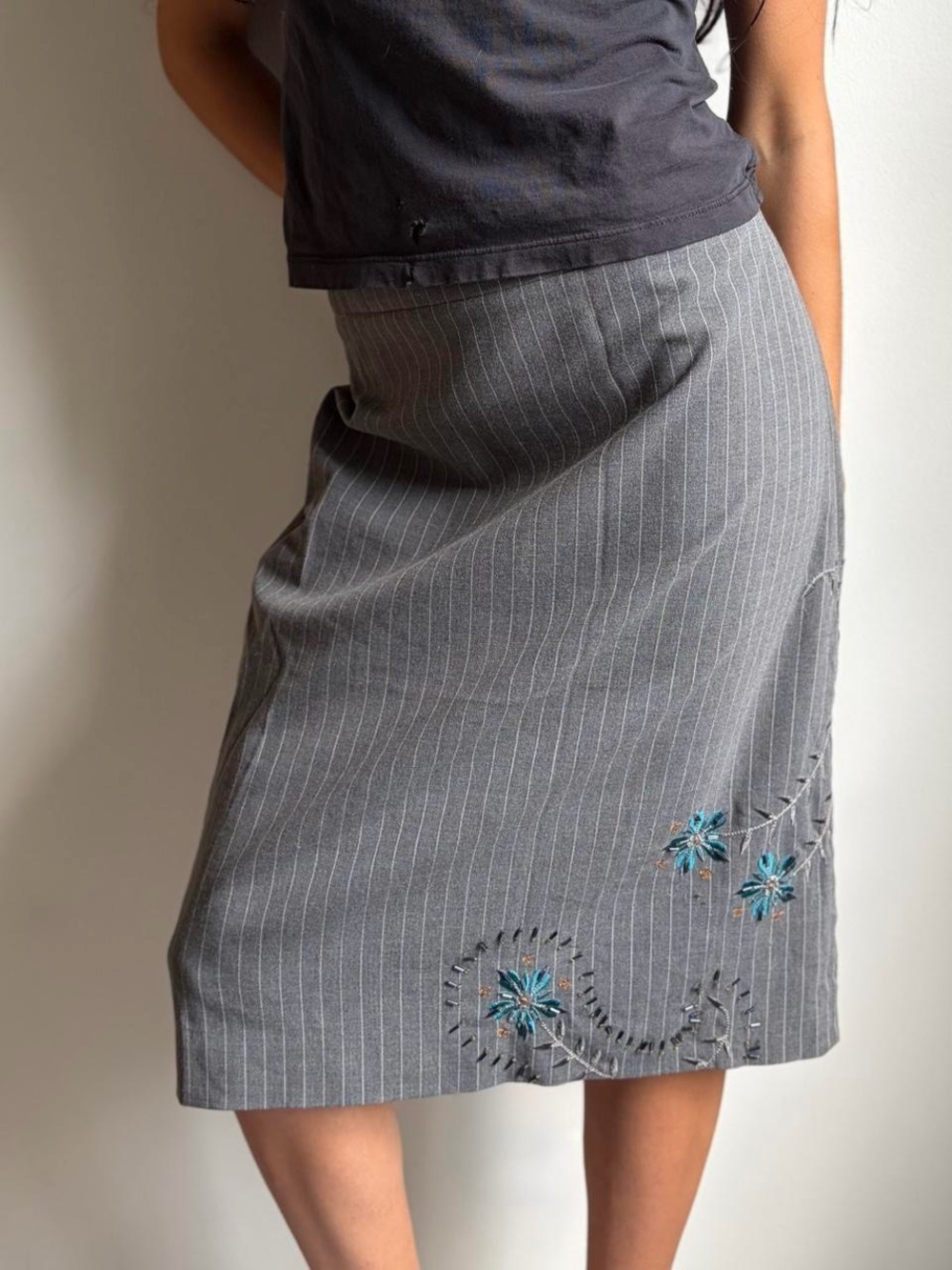 Kenar Pinstripe Midi Skirt with Floral Embroidered Detail Size 8
